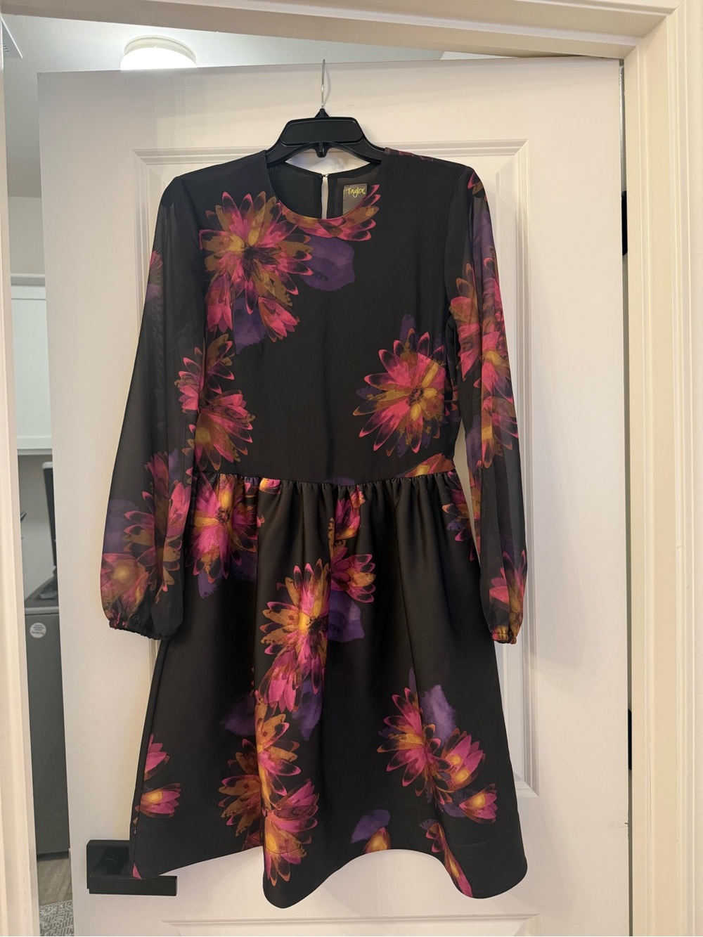 Taylor Black Midi Dress with Pink, Purple & Gold Floral Print